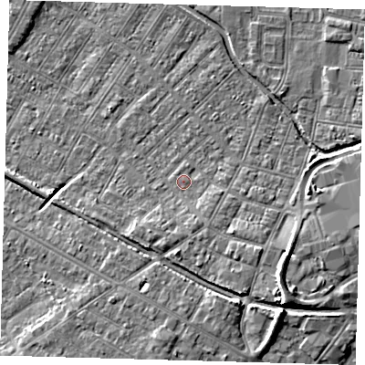 Shaded relief map of the ground around DN312HE, computed from Environment Agency LiDAR. The ground here sits at about 4 m above sea level and falls 10 m across the surrounding 800 m. Surface water reaching this point runs off ground lying to the south-south-east, 1.6 m higher.