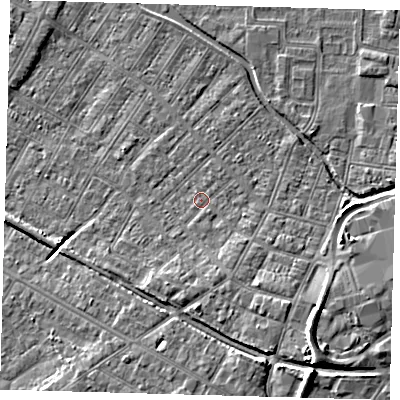 Shaded relief map of the ground around DN312HF, computed from Environment Agency LiDAR. The ground here sits at about 4 m above sea level and falls 10 m across the surrounding 800 m. Surface water reaching this point runs off ground lying to the south-south-east, 2.0 m higher.