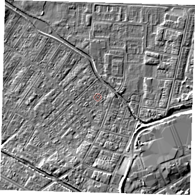 Shaded relief map of the ground around DN312HH, computed from Environment Agency LiDAR. The ground here sits at about 4 m above sea level and falls 9 m across the surrounding 800 m. Surface water reaching this point runs off ground lying to the south, 0.7 m higher.