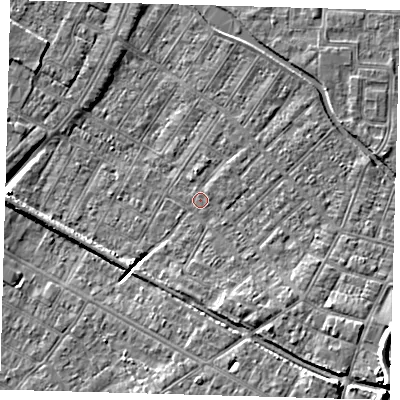 Shaded relief map of the ground around DN312JU, computed from Environment Agency LiDAR. The ground here sits at about 3 m above sea level and falls 11 m across the surrounding 800 m. The ground contributing surface water to this point lies to the east.