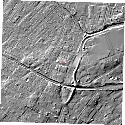 Shaded relief map of the ground around DN312LJ, computed from Environment Agency LiDAR. The ground here sits at about 6 m above sea level and falls 8 m across the surrounding 800 m. Surface water reaching this point runs off ground lying to the south-east, 1.2 m higher.
