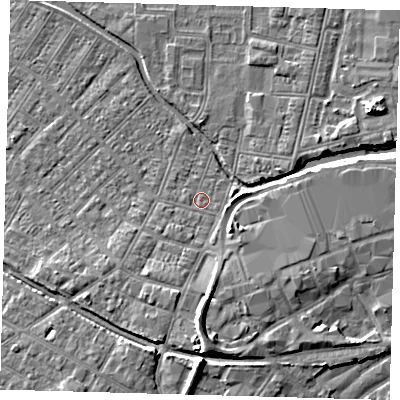 Shaded relief map of the ground around DN312LU, computed from Environment Agency LiDAR. The ground here sits at about 4 m above sea level and falls 8 m across the surrounding 800 m. Surface water reaching this point runs off ground lying to the south, 4.2 m higher.