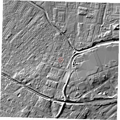 Shaded relief map of the ground around DN312LX, computed from Environment Agency LiDAR. The ground here sits at about 4 m above sea level and falls 8 m across the surrounding 800 m. Surface water reaching this point runs off ground lying to the south-south-east, 4.2 m higher.