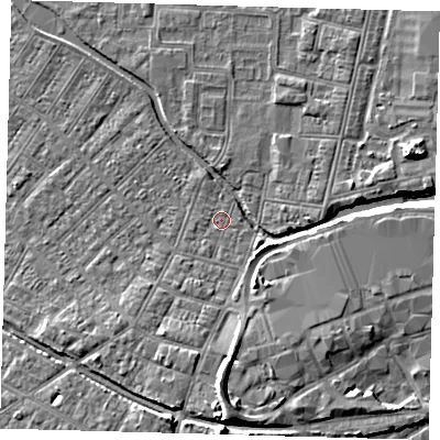 Shaded relief map of the ground around DN312LY, computed from Environment Agency LiDAR. The ground here sits at about 4 m above sea level and falls 8 m across the surrounding 800 m. Surface water reaching this point runs off ground lying to the south-south-west, 0.8 m higher.
