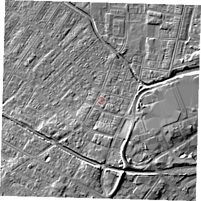 Shaded relief map of the ground around DN312LZ, computed from Environment Agency LiDAR. The ground here sits at about 4 m above sea level and falls 8 m across the surrounding 800 m. Surface water reaching this point runs off ground lying to the south-south-east, 2.7 m higher.