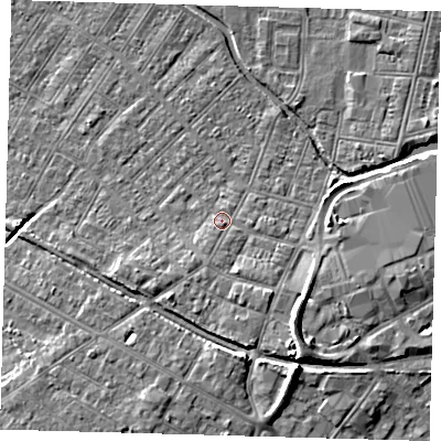 Shaded relief map of the ground around DN312NB, computed from Environment Agency LiDAR. The ground here sits at about 4 m above sea level and falls 10 m across the surrounding 800 m. Surface water reaching this point runs off ground lying to the south-south-east, 2.1 m higher.