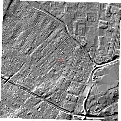 Shaded relief map of the ground around DN312ND, computed from Environment Agency LiDAR. The ground here sits at about 4 m above sea level and falls 10 m across the surrounding 800 m. Surface water reaching this point runs off ground lying to the south-east, 4.6 m higher.