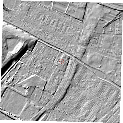 Shaded relief map of the ground around DN312NP, computed from Environment Agency LiDAR. The ground here sits at about 3 m above sea level and falls 8 m across the surrounding 800 m. The ground contributing surface water to this point lies to the north-north-east.