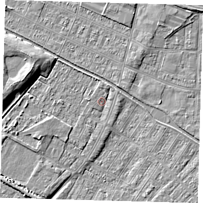 Shaded relief map of the ground around DN312NR, computed from Environment Agency LiDAR. The ground here sits at about 3 m above sea level and falls 9 m across the surrounding 800 m. Surface water reaching this point runs off ground lying to the east-north-east, 1.4 m higher.