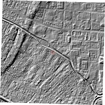 Shaded relief map of the ground around DN312PB, computed from Environment Agency LiDAR. The ground here sits at about 3 m above sea level and falls 4 m across the surrounding 800 m. Surface water reaching this point runs off ground lying to the south-south-east, 1.8 m higher.