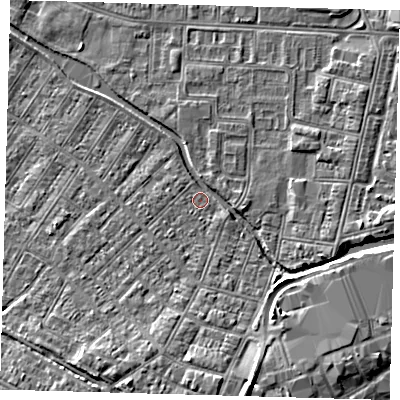 Shaded relief map of the ground around DN312PH, computed from Environment Agency LiDAR. The ground here sits at about 4 m above sea level and falls 7 m across the surrounding 800 m. Surface water reaching this point runs off ground lying to the south-south-east, 1.8 m higher.