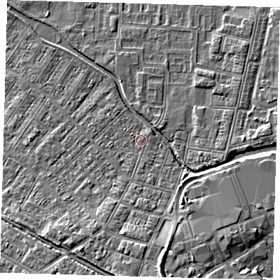Shaded relief map of the ground around DN312PJ, computed from Environment Agency LiDAR. The ground here sits at about 4 m above sea level and falls 8 m across the surrounding 800 m. Surface water reaching this point runs off ground lying to the south, 0.9 m higher.