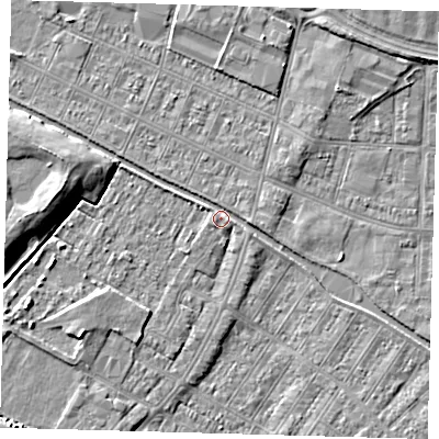 Shaded relief map of the ground around DN312PP, computed from Environment Agency LiDAR. The ground here sits at about 4 m above sea level and falls 6 m across the surrounding 800 m. Surface water reaching this point runs off ground lying to the east-south-east, 1.5 m higher.