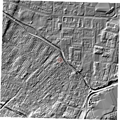 Shaded relief map of the ground around DN312PQ, computed from Environment Agency LiDAR. The ground here sits at about 4 m above sea level and falls 7 m across the surrounding 800 m. Surface water reaching this point runs off ground lying to the south-south-east, 1.8 m higher.