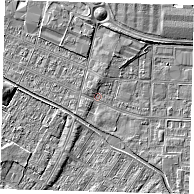 Shaded relief map of the ground around DN312PZ, computed from Environment Agency LiDAR. The ground here sits at about 2 m above sea level and falls 4 m across the surrounding 800 m. Surface water reaching this point runs off ground lying to the south-west, 1.5 m higher.