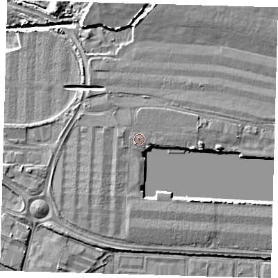 Shaded relief map of the ground around DN312QN, computed from Environment Agency LiDAR. The ground here sits at about 5 m above sea level and falls 7 m across the surrounding 800 m. Surface water reaching this point runs off ground lying to the south-west, 0.5 m higher.