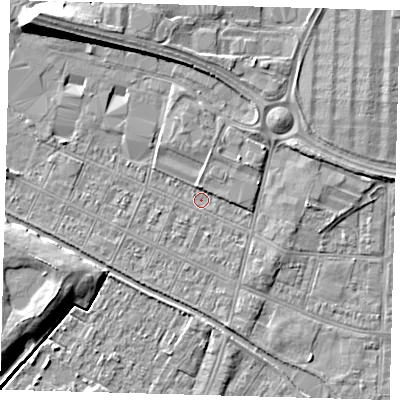 Shaded relief map of the ground around DN312QP, computed from Environment Agency LiDAR. The ground here sits at about 2 m above sea level and falls 9 m across the surrounding 800 m. Surface water reaching this point runs off ground lying to the north-east, 2.9 m higher.