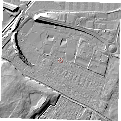 Shaded relief map of the ground around DN312QS, computed from Environment Agency LiDAR. The ground here sits at about 2 m above sea level and falls 10 m across the surrounding 800 m. Surface water reaching this point runs off ground lying to the west, 0.8 m higher.