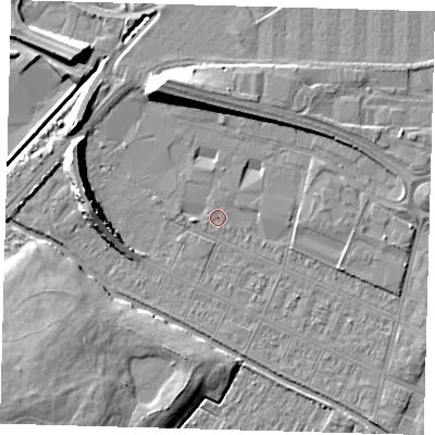 Shaded relief map of the ground around DN312QU, computed from Environment Agency LiDAR. The ground here sits at about 3 m above sea level and falls 10 m across the surrounding 800 m. Surface water reaching this point runs off ground lying to the west, 7.9 m higher.