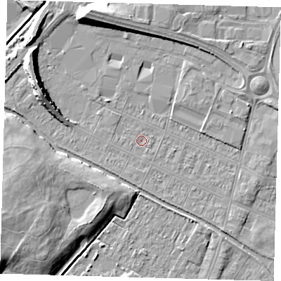 Shaded relief map of the ground around DN312QY, computed from Environment Agency LiDAR. The ground here sits at about 3 m above sea level and falls 10 m across the surrounding 800 m. The ground contributing surface water to this point lies to the west-south-west.