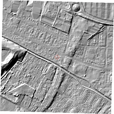 Shaded relief map of the ground around DN312RD, computed from Environment Agency LiDAR. The ground here sits at about 3 m above sea level and falls 6 m across the surrounding 800 m. Surface water reaching this point runs off ground lying to the south-south-east, 1.2 m higher.
