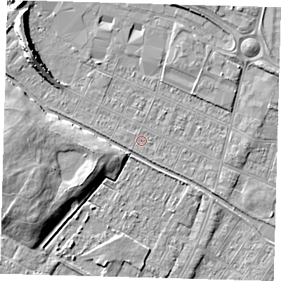 Shaded relief map of the ground around DN312RF, computed from Environment Agency LiDAR. The ground here sits at about 3 m above sea level and falls 9 m across the surrounding 800 m. Surface water reaching this point runs off ground lying to the south-south-east, 0.8 m higher.