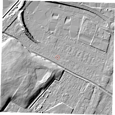 Shaded relief map of the ground around DN312RG, computed from Environment Agency LiDAR. The ground here sits at about 3 m above sea level and falls 9 m across the surrounding 800 m. Surface water reaching this point runs off ground lying to the south, 0.7 m higher.