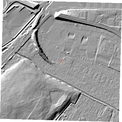 Shaded relief map of the ground around DN312RJ, computed from Environment Agency LiDAR. The ground here sits at about 2 m above sea level and falls 10 m across the surrounding 800 m. Surface water reaching this point runs off ground lying to the west-north-west, 7.5 m higher.