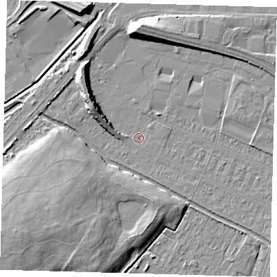 Shaded relief map of the ground around DN312RR, computed from Environment Agency LiDAR. The ground here sits at about 3 m above sea level and falls 10 m across the surrounding 800 m. Surface water reaching this point runs off ground lying to the north-west, 7.5 m higher.