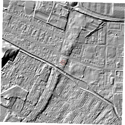 Shaded relief map of the ground around DN312RS, computed from Environment Agency LiDAR. The ground here sits at about 3 m above sea level and falls 6 m across the surrounding 800 m. Surface water reaching this point runs off ground lying to the south-west, 0.8 m higher.