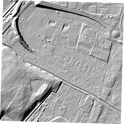 Shaded relief map of the ground around DN312RW, computed from Environment Agency LiDAR. The ground here sits at about 3 m above sea level and falls 10 m across the surrounding 800 m. The ground contributing surface water to this point lies to the north-west.