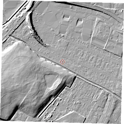 Shaded relief map of the ground around DN312RX, computed from Environment Agency LiDAR. The ground here sits at about 3 m above sea level and falls 10 m across the surrounding 800 m. Surface water reaching this point runs off ground lying to the south-east, 0.8 m higher.