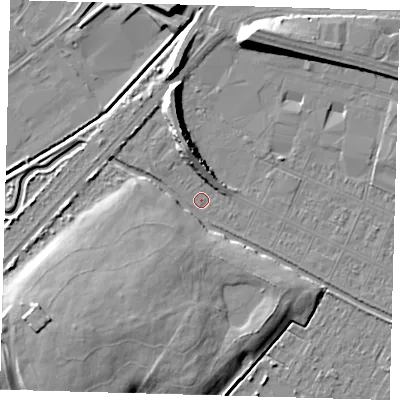 Shaded relief map of the ground around DN312RY, computed from Environment Agency LiDAR. The ground here sits at about 3 m above sea level and falls 10 m across the surrounding 800 m. Surface water reaching this point runs off ground lying to the north-north-west, 7.4 m higher.