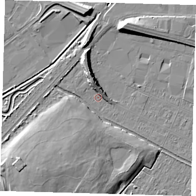 Shaded relief map of the ground around DN312RZ, computed from Environment Agency LiDAR. The ground here sits at about 3 m above sea level and falls 10 m across the surrounding 800 m. Surface water reaching this point runs off ground lying to the north-north-west, 7.4 m higher.