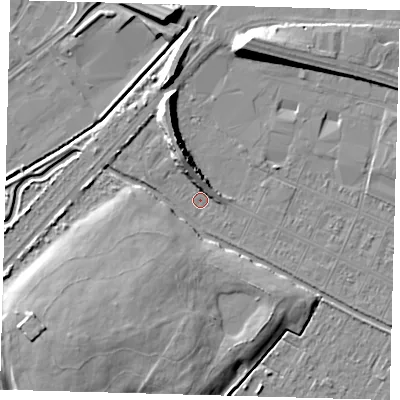 Shaded relief map of the ground around DN312SA, computed from Environment Agency LiDAR. The ground here sits at about 3 m above sea level and falls 10 m across the surrounding 800 m. Surface water reaching this point runs off ground lying to the north-north-west, 7.4 m higher.