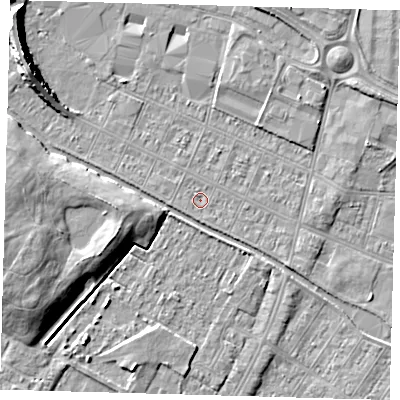 Shaded relief map of the ground around DN312SB, computed from Environment Agency LiDAR. The ground here sits at about 3 m above sea level and falls 8 m across the surrounding 800 m. Surface water reaching this point runs off ground lying to the south, 0.8 m higher.