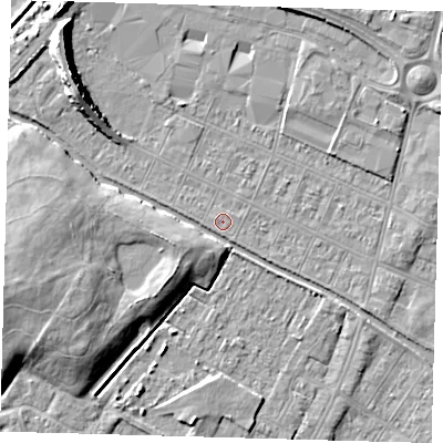 Shaded relief map of the ground around DN312SD, computed from Environment Agency LiDAR. The ground here sits at about 3 m above sea level and falls 9 m across the surrounding 800 m. The ground contributing surface water to this point lies to the south.