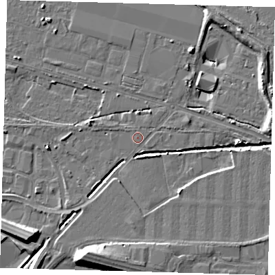 Shaded relief map of the ground around DN312SL, computed from Environment Agency LiDAR. The ground here sits at about 4 m above sea level and falls 11 m across the surrounding 800 m. Surface water reaching this point runs off ground lying to the east-north-east, 1.3 m higher.