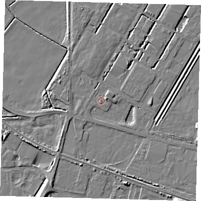 Shaded relief map of the ground around DN312SR, computed from Environment Agency LiDAR. The ground here sits at about 3 m above sea level and falls 8 m across the surrounding 800 m. Surface water reaching this point runs off ground lying to the east-north-east, 2.2 m higher.