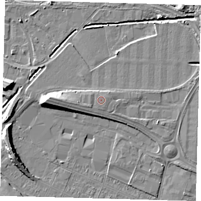 Shaded relief map of the ground around DN312SU, computed from Environment Agency LiDAR. The ground here sits at about 6 m above sea level and falls 11 m across the surrounding 800 m. Surface water reaching this point runs off ground lying to the west, 5.5 m higher.