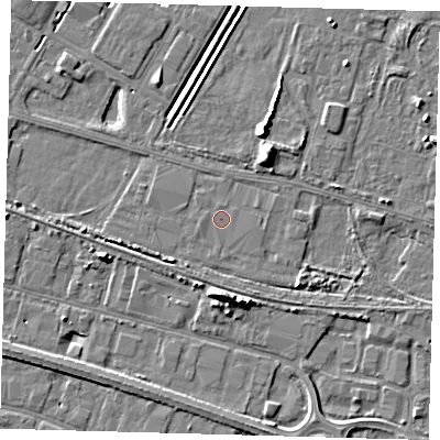 Shaded relief map of the ground around DN312SY, computed from Environment Agency LiDAR. The ground here sits at about 3 m above sea level and falls 8 m across the surrounding 800 m. The ground contributing surface water to this point lies to the east-north-east.