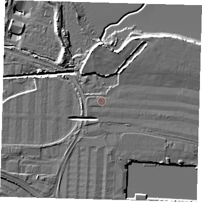 Shaded relief map of the ground around DN312SZ, computed from Environment Agency LiDAR. The ground here sits at about 5 m above sea level and falls 8 m across the surrounding 800 m. Surface water reaching this point runs off ground lying to the north-east, 2.8 m higher.