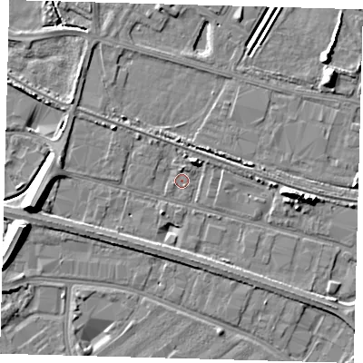 Shaded relief map of the ground around DN312TB, computed from Environment Agency LiDAR. The ground here sits at about 3 m above sea level and falls 9 m across the surrounding 800 m. Surface water reaching this point runs off ground lying to the west, 8.2 m higher.