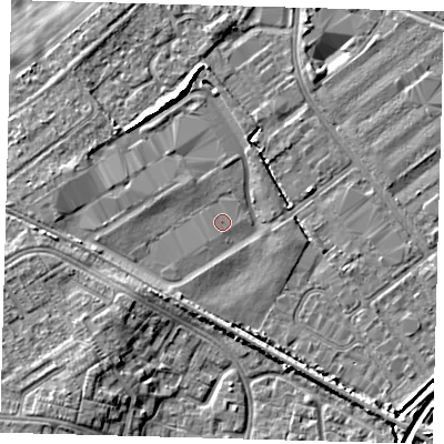 Shaded relief map of the ground around DN312TP, computed from Environment Agency LiDAR. The ground here sits at about 3 m above sea level and falls 6 m across the surrounding 800 m. Surface water reaching this point runs off ground lying to the west, 1.0 m higher.