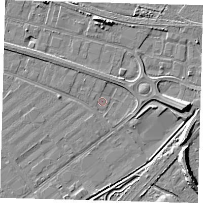 Shaded relief map of the ground around DN312TX, computed from Environment Agency LiDAR. The ground here sits at about 3 m above sea level and falls 9 m across the surrounding 800 m. Surface water reaching this point runs off ground lying to the west-north-west, 2.2 m higher.