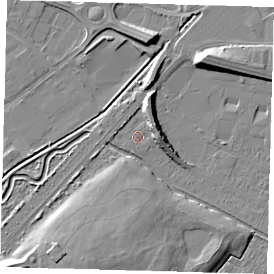 Shaded relief map of the ground around DN312UA, computed from Environment Agency LiDAR. The ground here sits at about 3 m above sea level and falls 12 m across the surrounding 800 m. Surface water reaching this point runs off ground lying to the east-north-east, 6.9 m higher.
