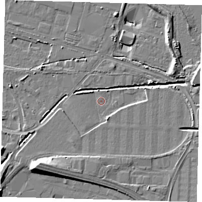 Shaded relief map of the ground around DN312UD, computed from Environment Agency LiDAR. The ground here sits at about 3 m above sea level and falls 11 m across the surrounding 800 m. Surface water reaching this point runs off ground lying to the south-west, 10.0 m higher.