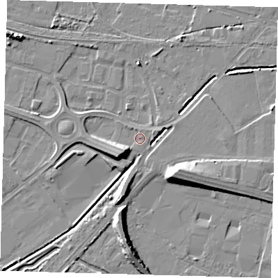 Shaded relief map of the ground around DN312UW, computed from Environment Agency LiDAR. The ground here sits at about 3 m above sea level and falls 10 m across the surrounding 800 m. Surface water reaching this point runs off ground lying to the south-east, 9.9 m higher.