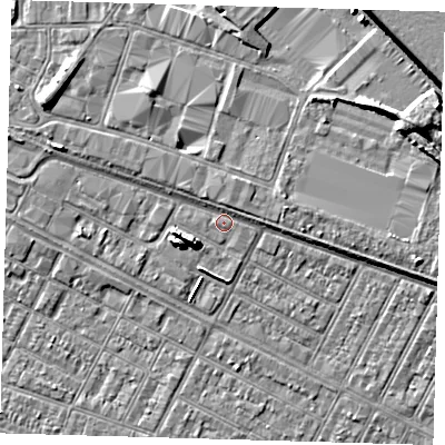 Shaded relief map of the ground around DN313AA, computed from Environment Agency LiDAR. The ground here sits at about 4 m above sea level and falls 10 m across the surrounding 800 m. Surface water reaching this point runs off ground lying to the north-east, 1.0 m higher.