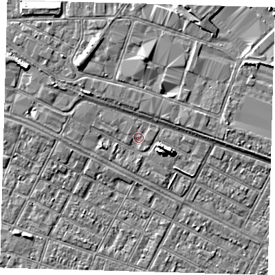 Shaded relief map of the ground around DN313AE, computed from Environment Agency LiDAR. The ground here sits at about 4 m above sea level and falls 7 m across the surrounding 800 m. Surface water reaching this point runs off ground lying to the north-west, 2.7 m higher.